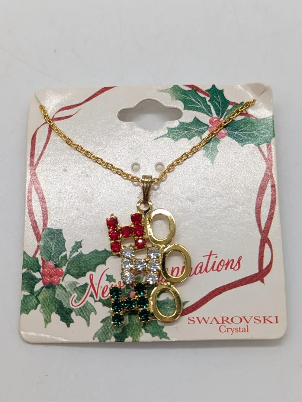 NWT Joycraft Jewelry Gold-Tone Red Green Swarovski HoHoHo Christmas Necklace